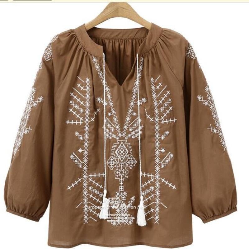 Tooxika New Large Size Women's Tops Ethnic Style Embroidered Blouse Tassel Drawstring Shirt
