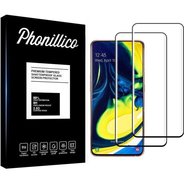 Verre Trempé - PHONILLICO - Samsung Galaxy A80 - Pack de 2 - Transparent - Bord Noir - Résistant aux Rayures
