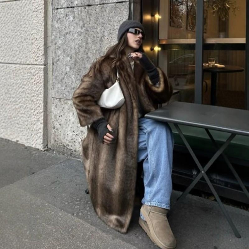 Dámský oversized kabát z umělé kožešiny Dlouhý zimní svrchní oděv s límcem Káva Karamelová Velikosti S M L