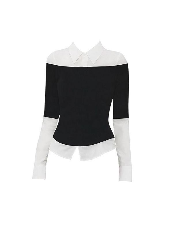 Korean Style Black & White Patchwork Slim Fit Shirt for Women - Early Autumn Flattering Base Layer Top
