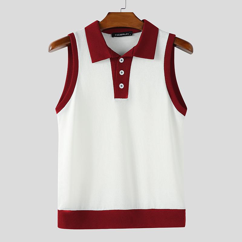 

INCERUN Summer Men Lapel Sleeveless Stitching Casual Thin Fitted Tank Tops 3XL