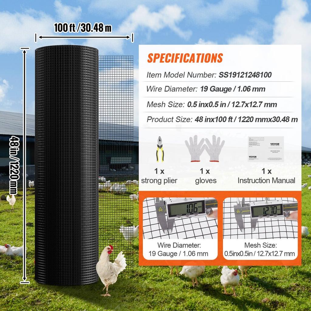 Hardware Cloth, 48'' x 100' Galvanized Wire Mesh Roll, 19 Gauge Chicken Wire Fence Roll, Vinyl Coating Metal Wire Mesh for Chicken Coop Barrier,