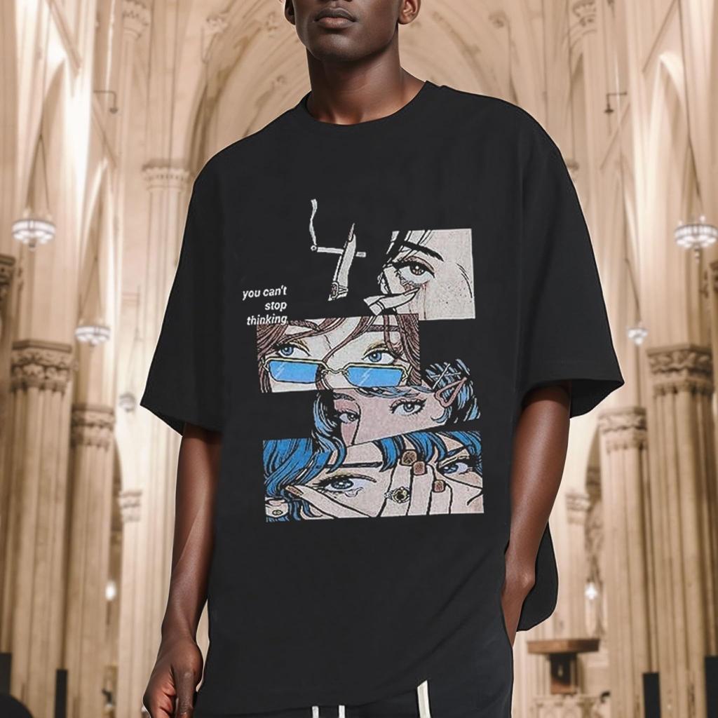 Men's Retro Comic Collage Graphic Tee, "You Can't Stop Thinking" Streetwear Oversized T-Shirt
