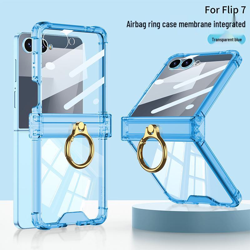 Samsung zFlip7 Hinge Protective Case: Transparent Airbag Full Coverage with Finger Ring Buckle