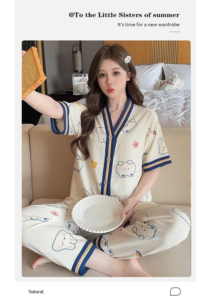 Cartoon Cute Pajamas Women's Summer Thin Bubble Foam Two-piece Set Short-sleeved 1011 New Cartoon Cardigan Loungewear