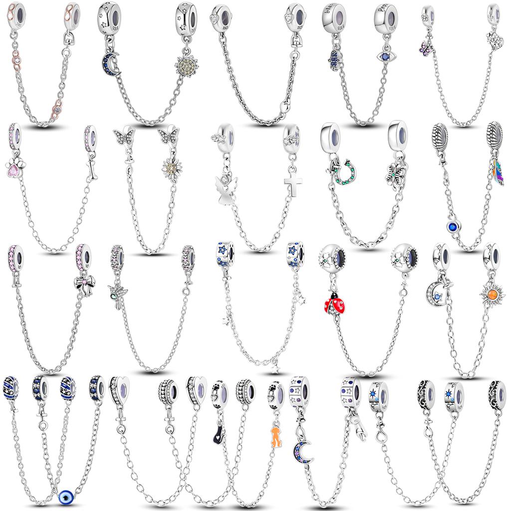 Silver Clasp 925 Silver CZ Pave Clip Charms Daisy Beads Stopper Safety Chain Fit Original Bangle Bracelet Jewelry Clip