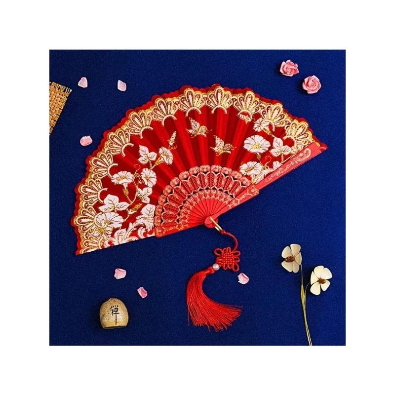 1Pc Chinese Ancient Style Flower Women Folding Fan with Tassel Fringe Hanfu Cheongsam Dance Fan Photo Props Summer Handheld Fan