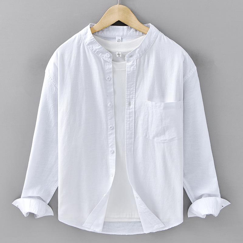 Cotton Linen Shirt Mandarin Collar Long Sleeve Casual Loose Fit Button-Up Shirt Men's Retro Camping Fishing