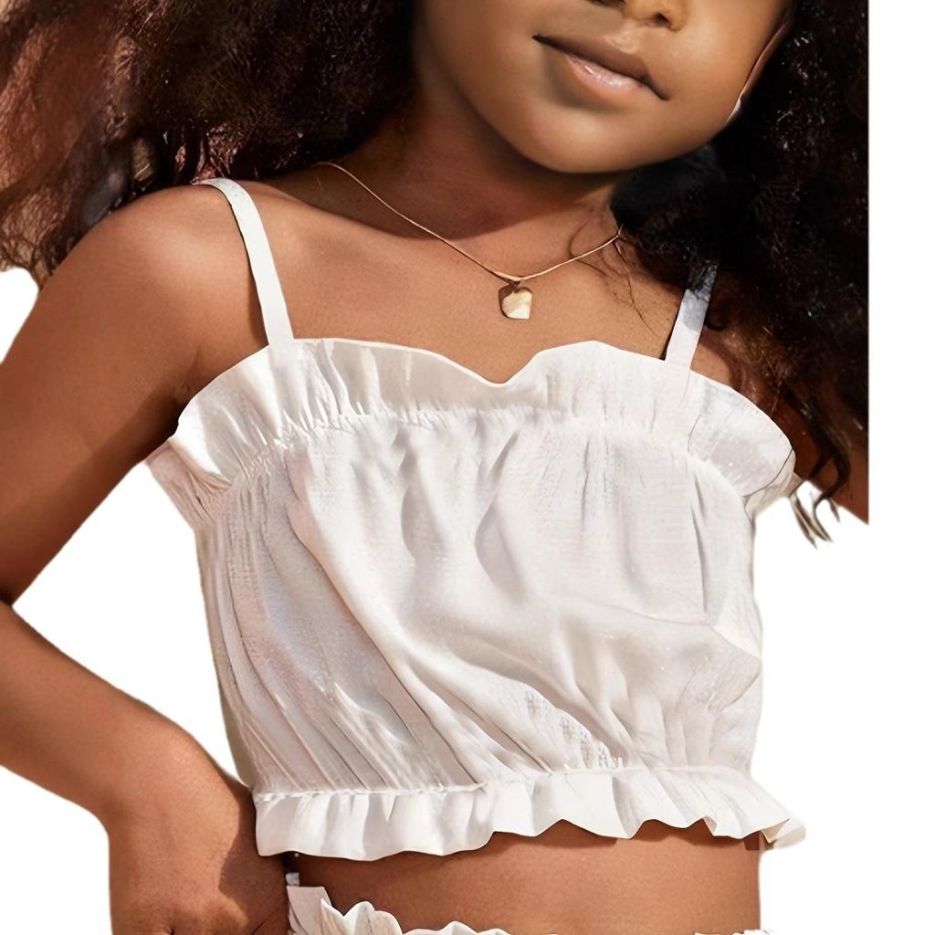 Girls Solid Color Ruffled Halter Top & Straight-leg Pants Set Summer Children Fashion Casual Suit