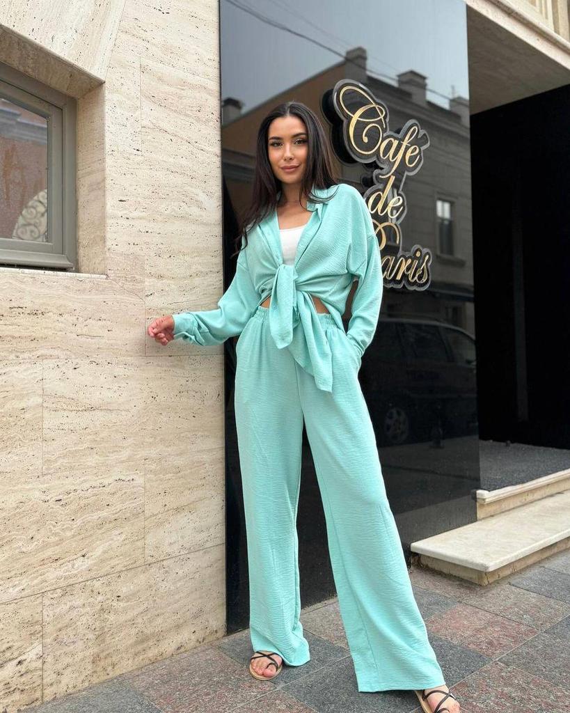 2024 European & American Style Autumn Solid Color Lapel Long Sleeve Shirt & Casual Pants Two-Piece Set