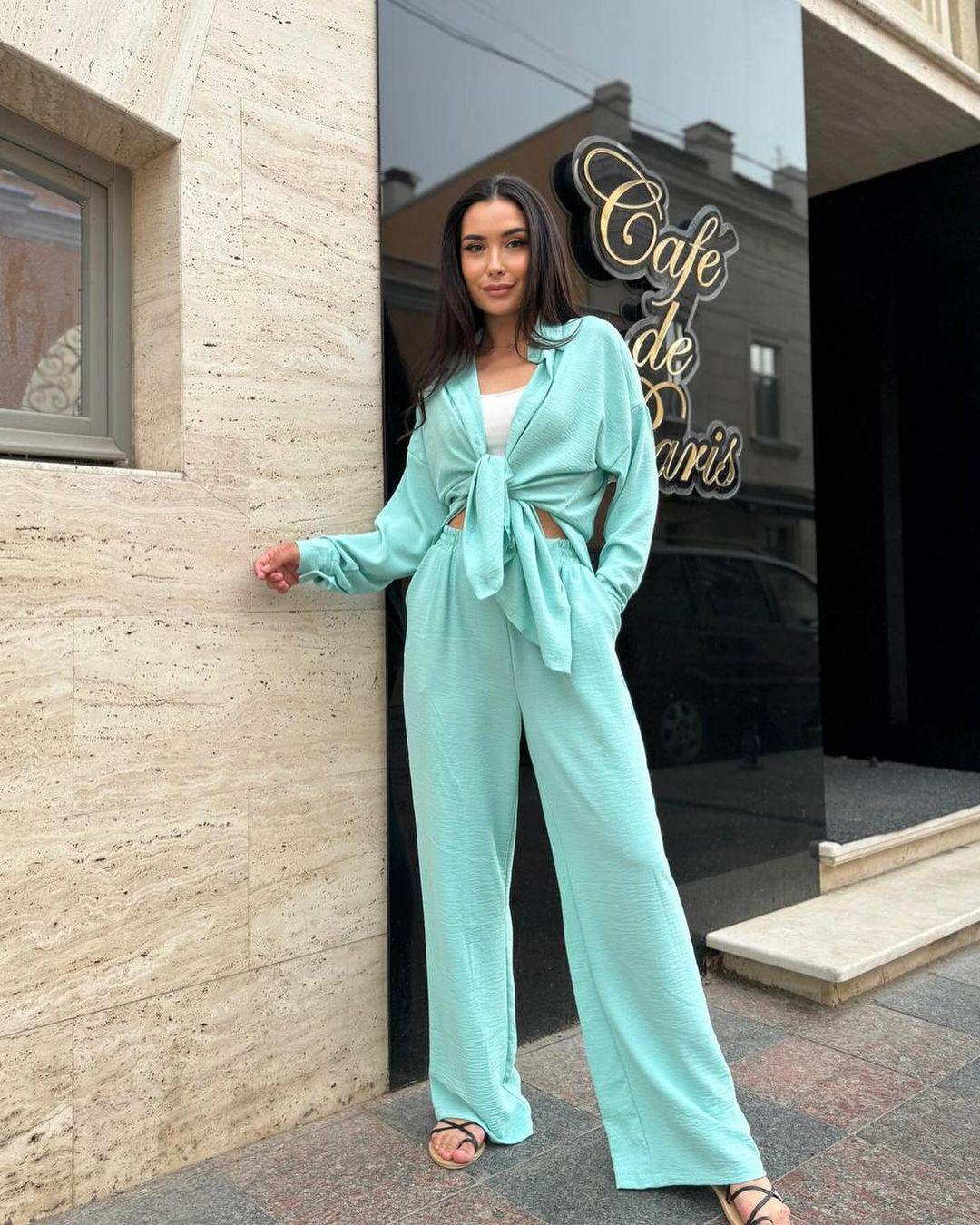 

2024 Европейский и американский стиль Осень Однотонный лацкан Рубашка с длинным рукавом и Повседневные брюки Комплект из двух предметов Small зелёный/нефритовый