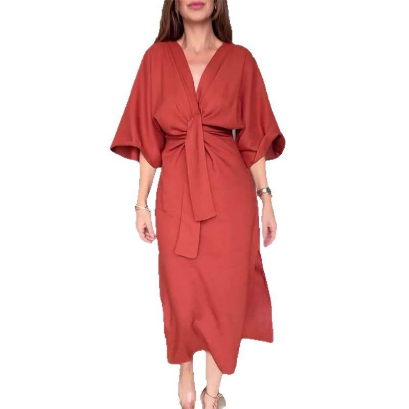 European & American Women's V-Neck Summer Dress 2025 - Casual Solid Color Short-Sleeve Slit Design