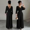 Women's V Neck Long Sleeve Jumpsuit Loose High Waist Elegant Solid Pleated Wide Leg Romper