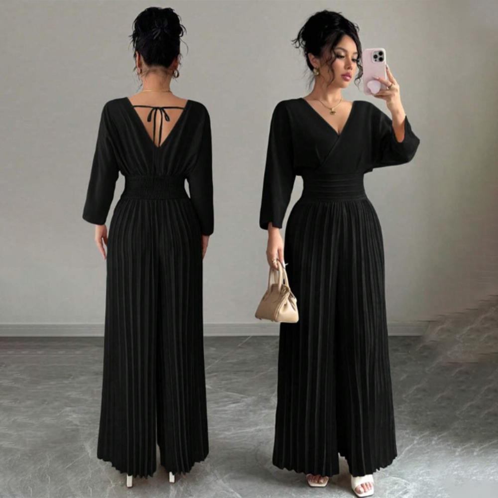 Women's V Neck Long Sleeve Jumpsuit Loose High Waist Elegant Solid Pleated Wide Leg Romper