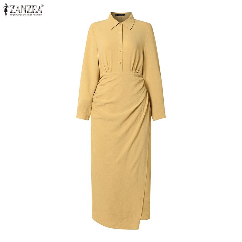 ZANZEA Women Casual Turn Down Collar Solid Color Long Sleeve Loose Long Shirt Dress