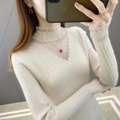 Half Turtleneck Sweater Women Autumn and Winter Self-cultivation Lace Knitted Sweater with Tops and Bottoming Pullover Sweaater