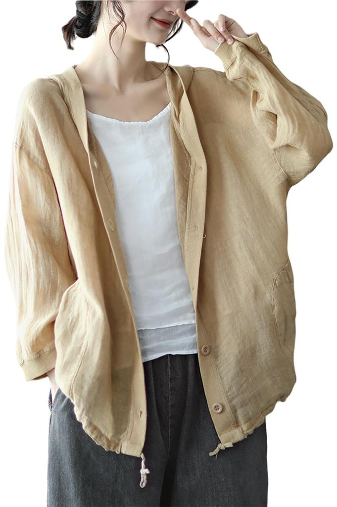 BdeSYT Long Sleeve Loose Solid 3 Women's Blouse, Cotton-Linen Hoodie, Fit, Open-Front Outerwear, Sweatshirt, Color, Slimming, Colors, M-2XL (L, Khaki)