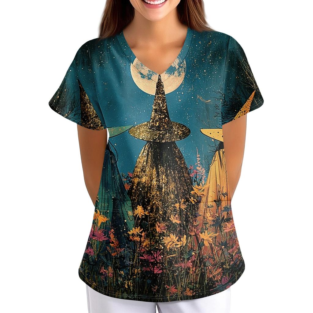Women's V-Neck Short Sleeve Work Shirt with Pockets Halloween Print Scrub Top for Caregiver Uniform