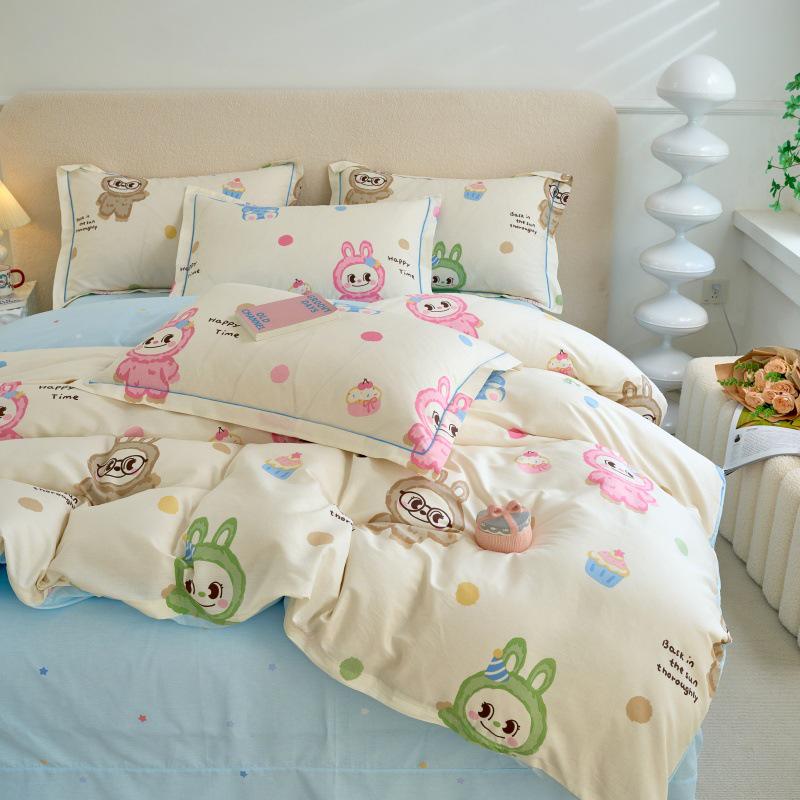 Fresh & Simple Pure Cotton Four-Piece Printed Dorm Set – Includes Three-Piece All-Cotton Bed Sheet, Bed Skirt, and Bedding Set.