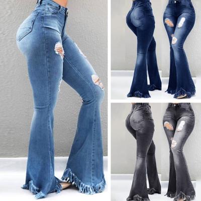 Damen Herbst Denim Schlaghose Hohe Taille Reißverschluss Knopfleiste Zerrissene Löcher
