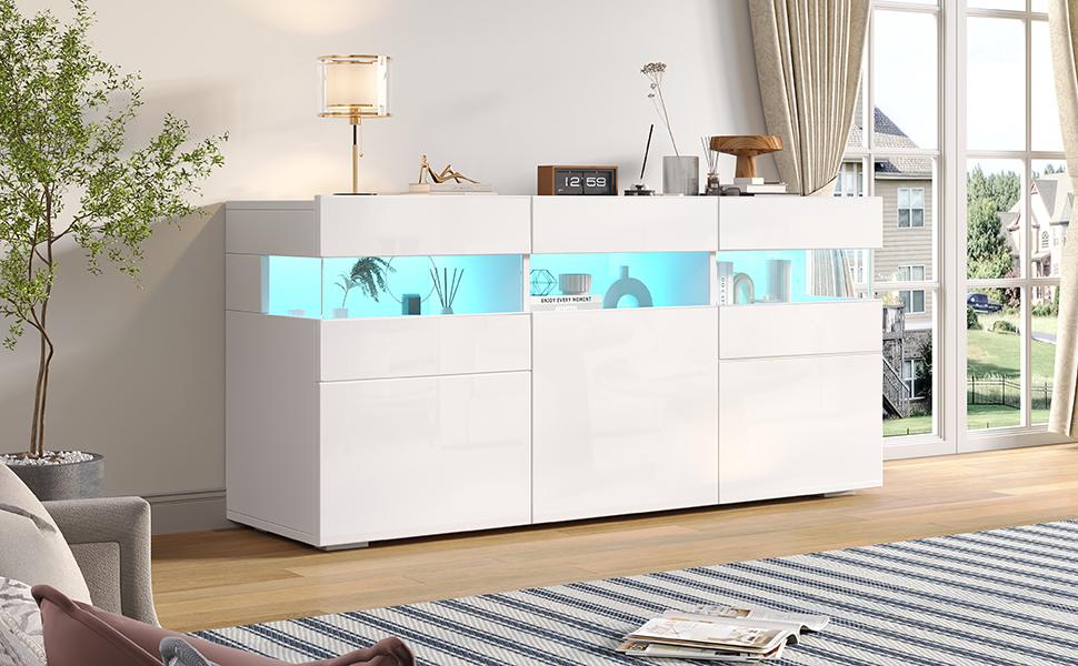 Credenza per soggiorno 140*40.5*66.5cm con 3 ante, finitura lucida, striscia luminosa a LED, acrilico trasparente, 7 scomparti, bianco