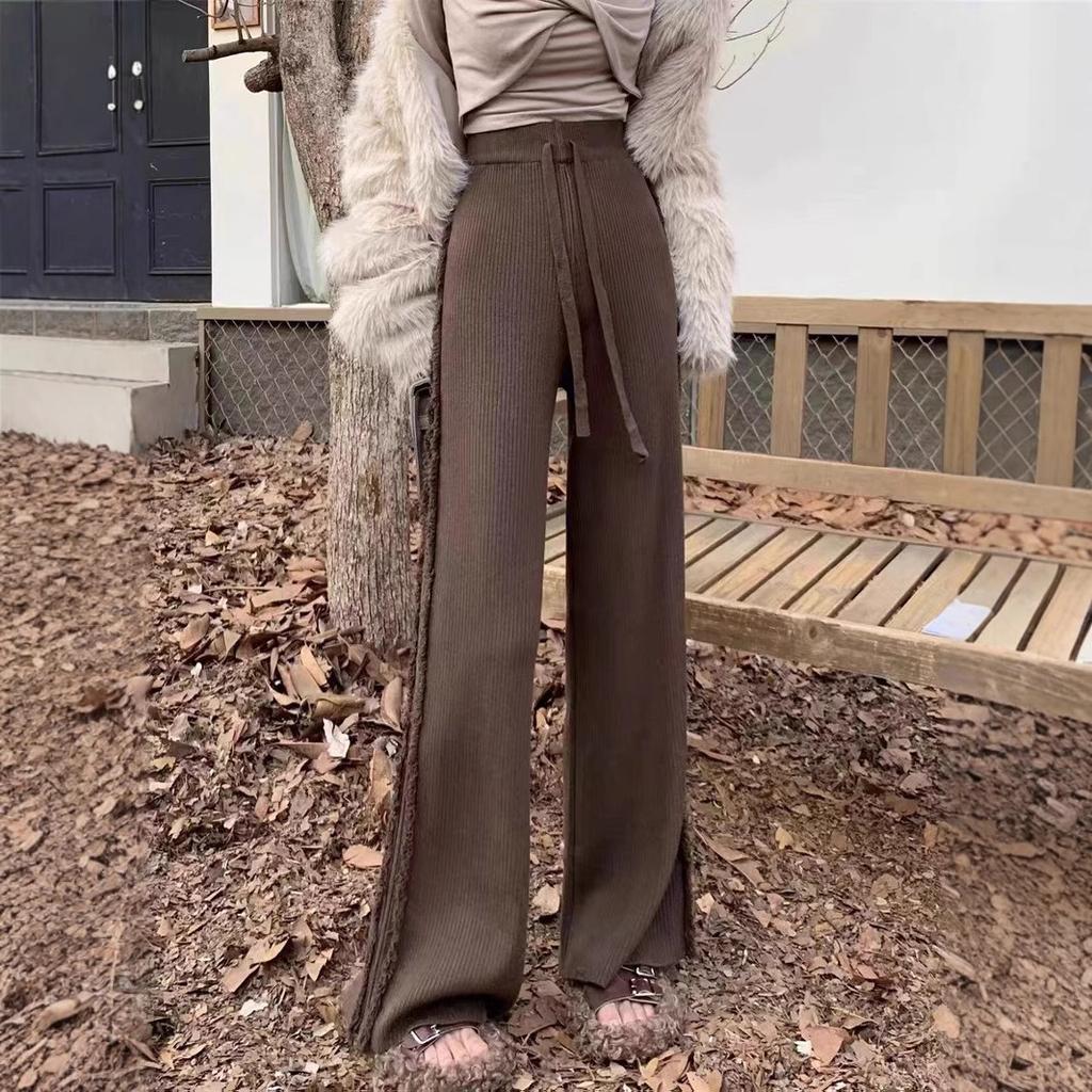 Fleen Fringe Knit Wide-leg Pants for Women, Autumn and Winter, Loose Fit, High-waisted, Straight-leg, Casual Knit Pants To Pair with Coats