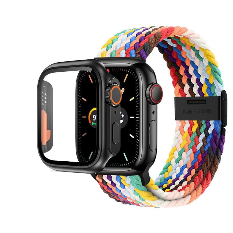 Nylon Strap And PC Case Elastic Woven Bracelet Protective Cover For Apple Watch Series 9 8 7 6 5 Se 4 I Watch 45mm 44mm 40mm 41mm