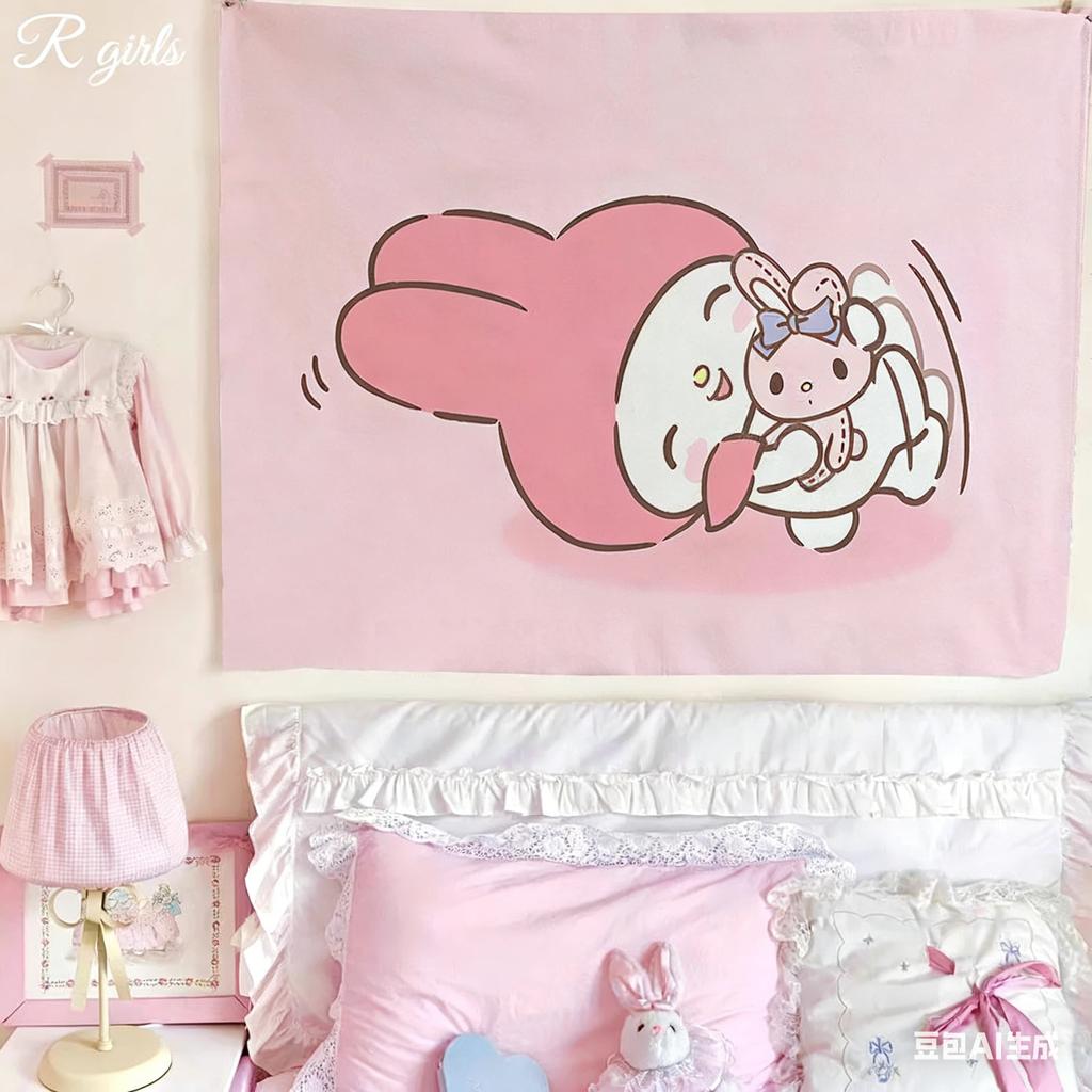 Cute My Melody Tapestry Kawaii Sanrio Bunny Print Wall Hanging for Teen Girl Bedroom Dorm Room Decor Multiple Sizes