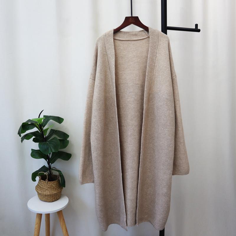 Long over-knee knitted cardigan autumn and winter new loose lazy style solid color temperament sweater jacket women