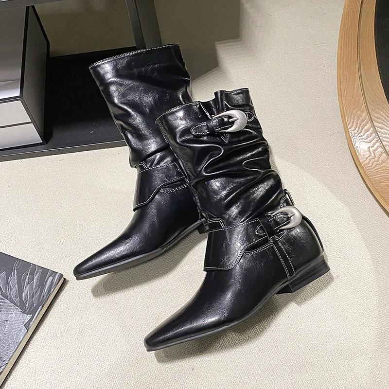 Fashion Shoes for Women 2024 Hot Sale Slip-on Women's Boots Fashion Metal Decoration Modern Boots Women Sexy Pointed Toe Mid-Calf Boots