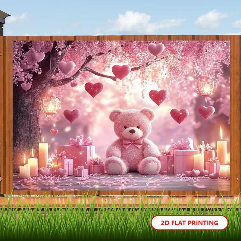 2D Girls Teddy Bear Backdrop, Pink Bear with Hearts & Candles Photography Background for Birthday