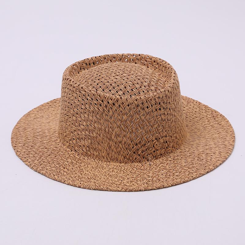 Summer Hand-woven Hollow Breathable Versatile Flat-top Straw Hat Camping Travel Sunscreen Beach Shade Flat-top Hat