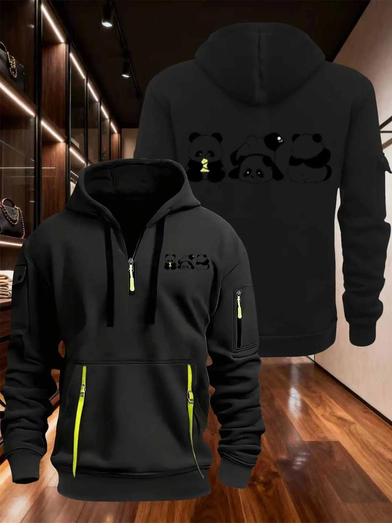 Autumn and winter men's and women's exquisite multi pocket zipper hooded sweatshirt, cute panda pattern, casual and comfortable