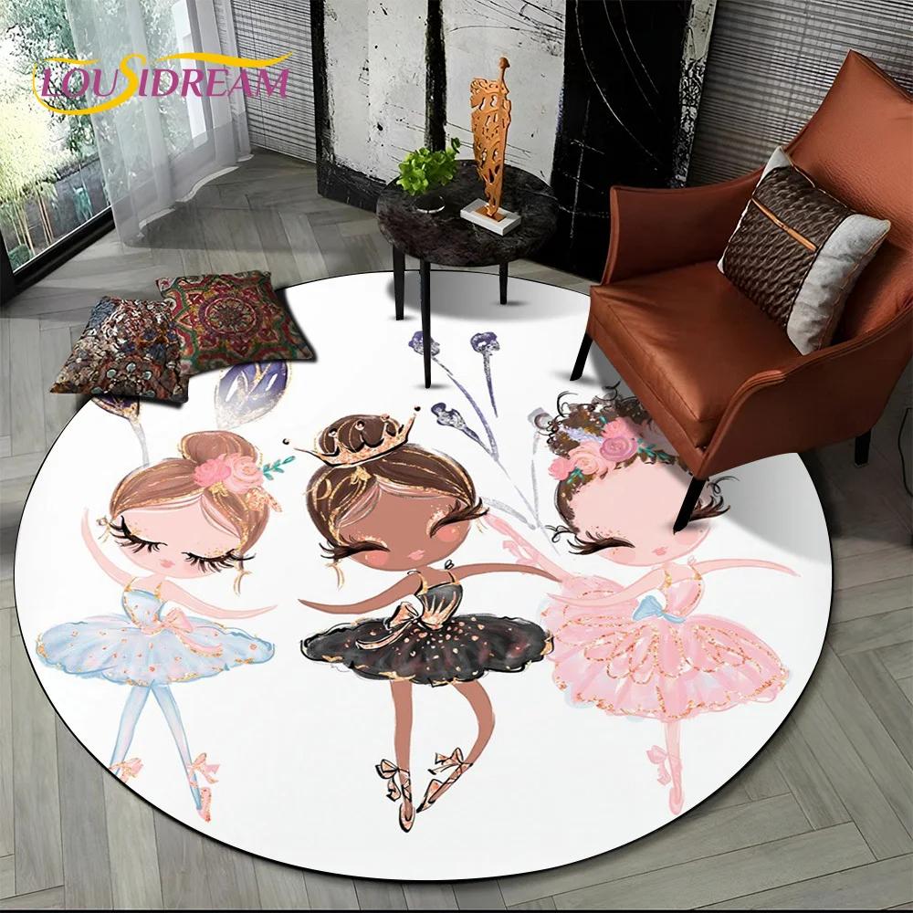 Ballet Girl Cartoon Flower Fairy Ballerina Round Carpet Rug for Living Room Bedroom Child Decor,Pet Area Rug Non-slip Floor Mat