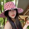 Small Lattice Drawstring Sun Hat Versatile Bow Bucket Hat Fashion Hiking Fisherman Hat Famale