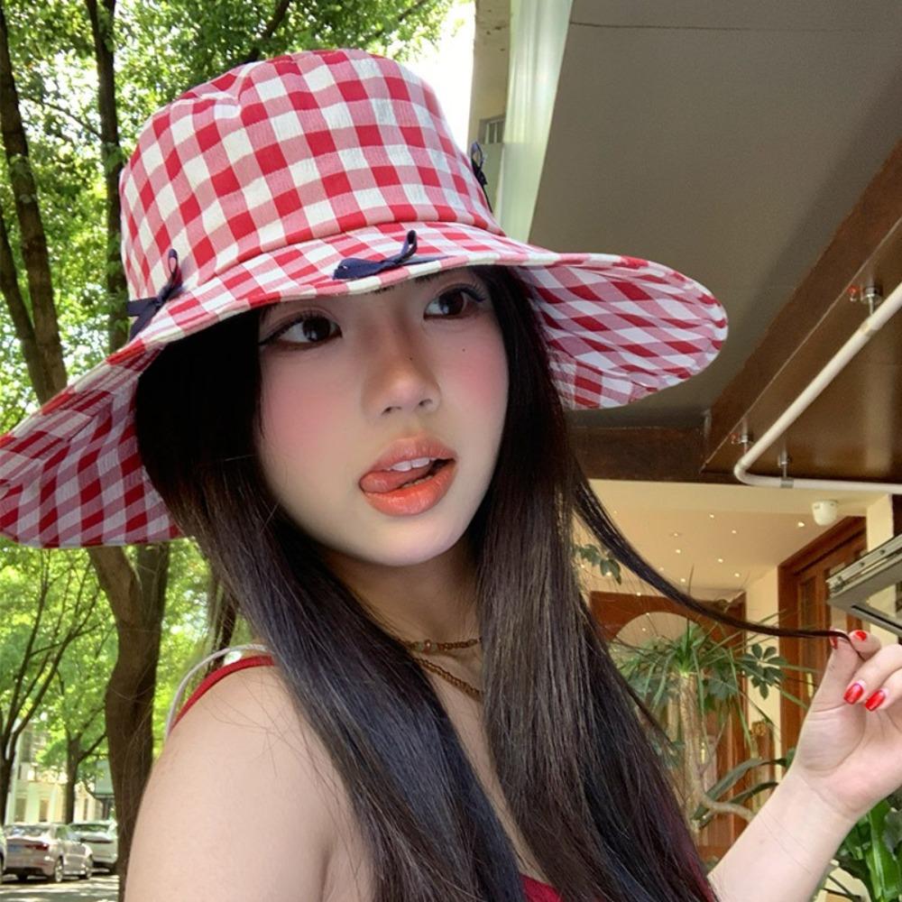 Small Lattice Drawstring Sun Hat Versatile Bow Bucket Hat Fashion Hiking Fisherman Hat  Famale