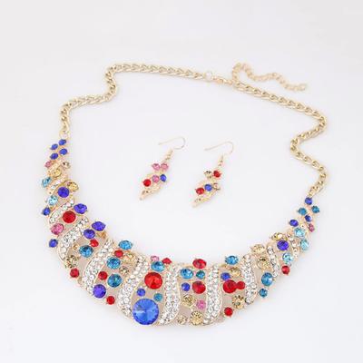Women Rhinestone Spiral Bib Necklace Hook Earrings Statement Party Jewelry Set