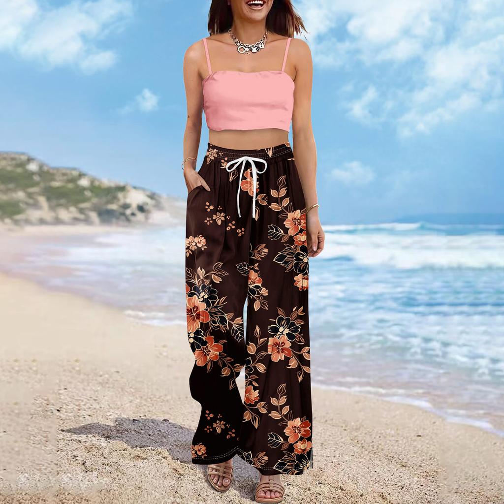 Damen Sommer Boho Palazzo Hose Hohe Taille Weites Bein Blumendruck Freizeithose Mit Taschen