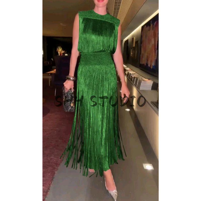 Summer New Product Women's Clothes Fashion Style round Neck Sleeveless Decorated Tassel Knitting Evening Dress Clothing Dress Two-piece Set