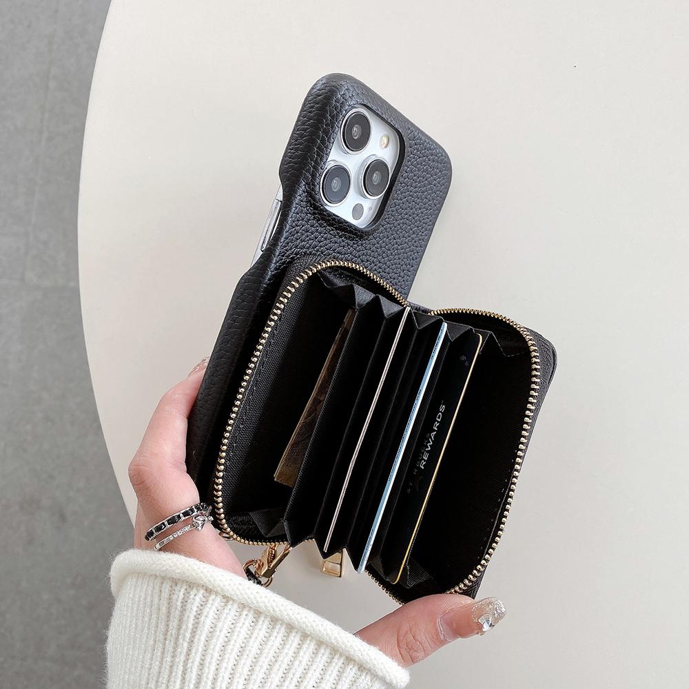 Für iPhone 16 Pro Hülle Reißverschluss Kartenfächer PU Leder Handy Rückseite mit Handschlaufe