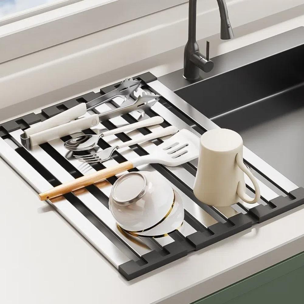 

304 Stainless Steel Dish Storage Rack Roll Up Retractable Drain Basket Sink Drying Rack Kitchen 35cm