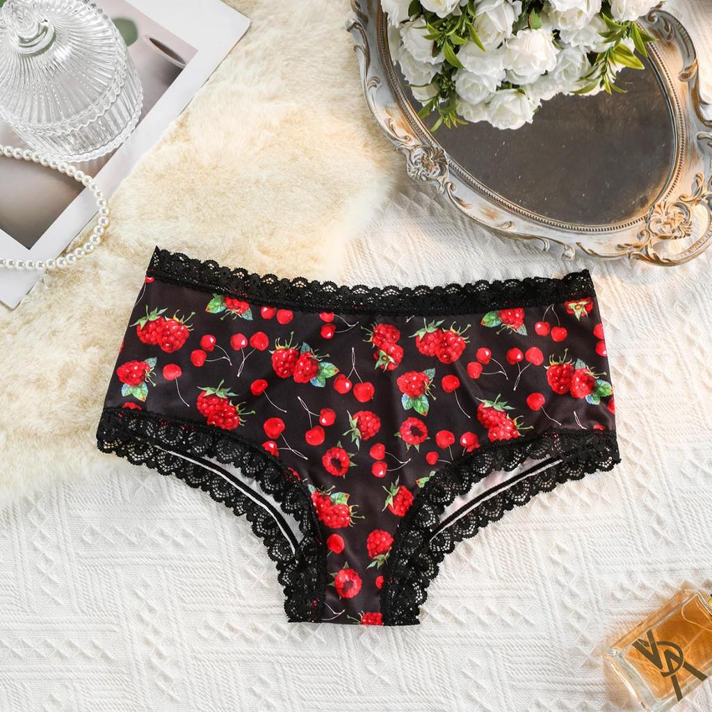 Cherry Print Women's Lace Trim Seamless Cotton Panties - No Ride Up Triangle Style