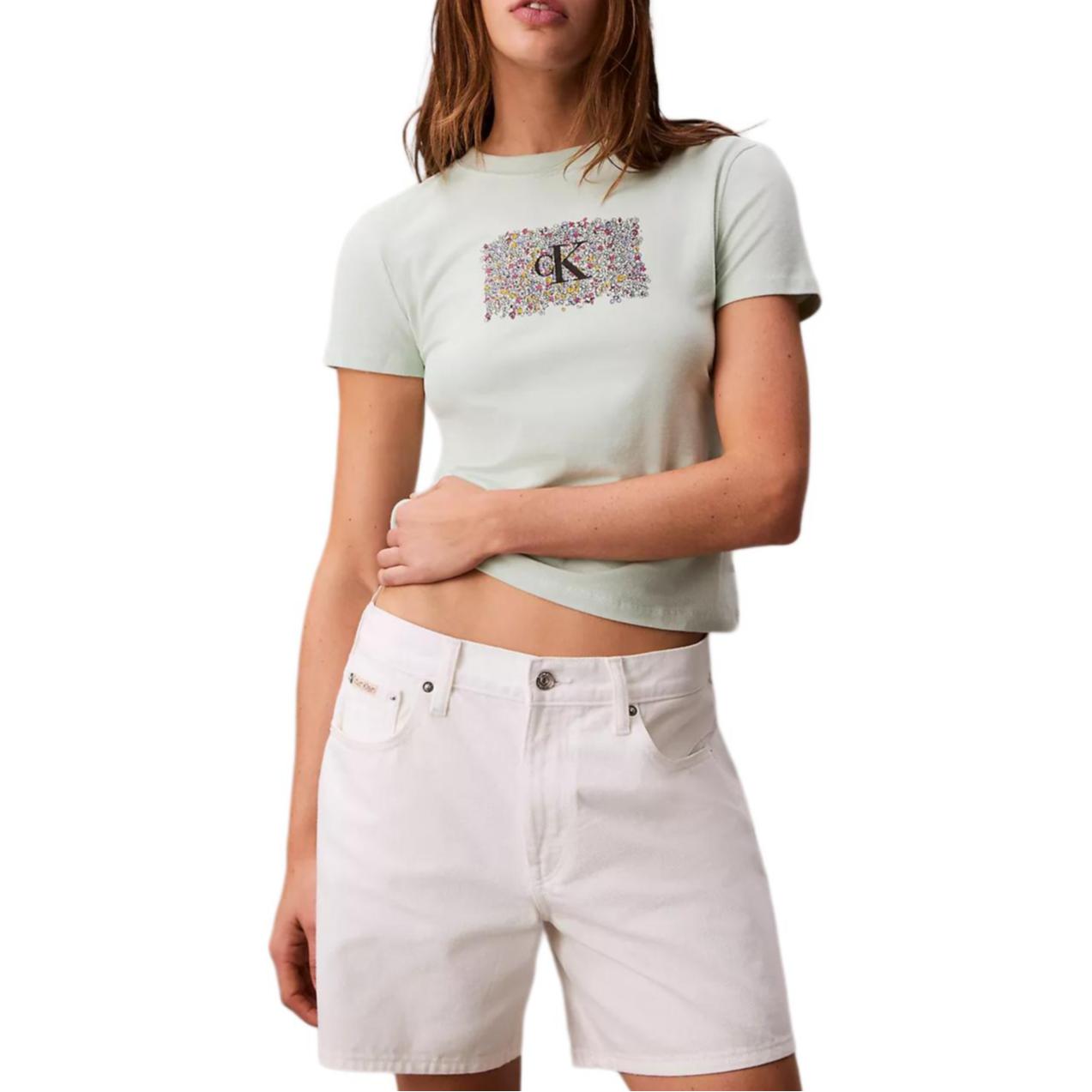 

Calvin Klein Slim Fit Floral Letter Round Neck Short Sleeve T-Shirt Women Tops 478032S-LCK S