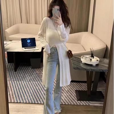 Elegant V-neck Hollow Knitted Long Sweater Dress Women Fashion High Split Spring Summer Casual Simple Solid Sunscreen Thin Blouse See Through Dresses