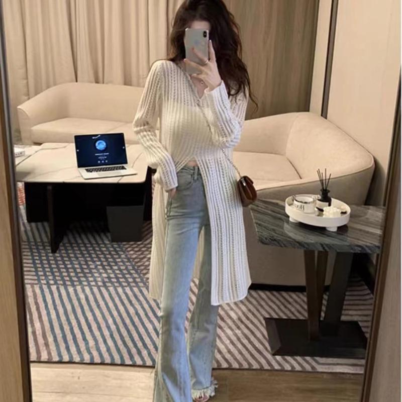 Elegant V-neck Hollow Knitted Long Sweater Dress Women Fashion High Split Spring Summer Casual Simple Solid  Sunscreen Thin Blouse See Through Dresses