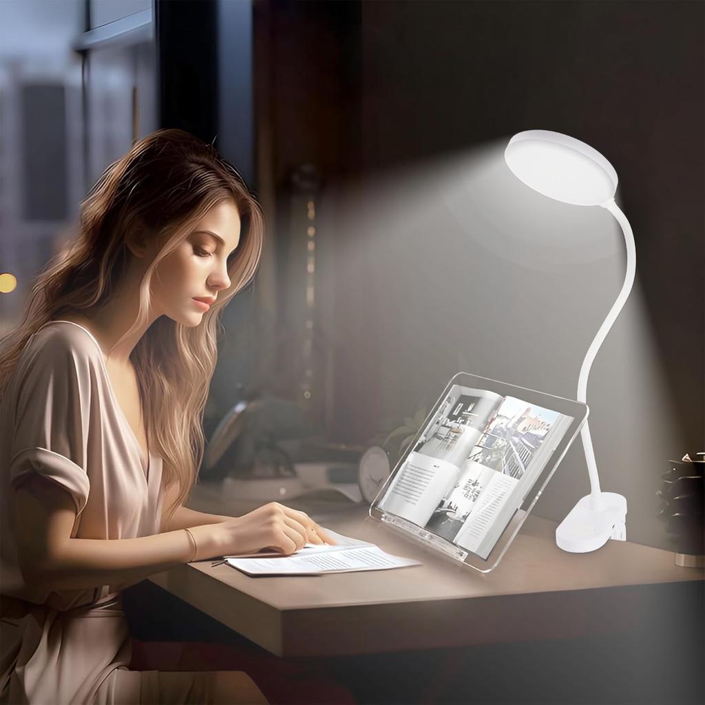 USB charging clip desk lamp bedside reading lamp with 3 color modes and adjustable brightness - White