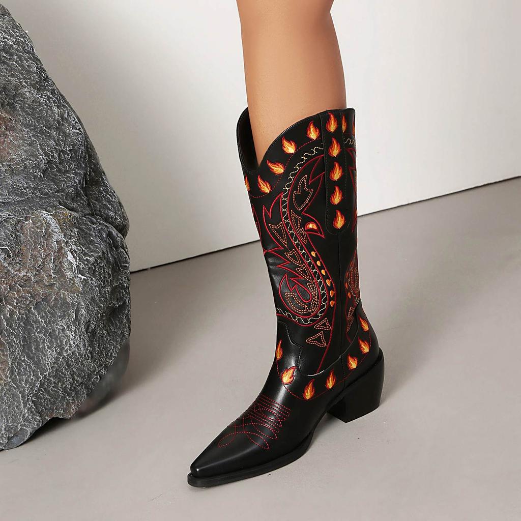 Krazing Po Polyurethane Winter Pointed Toe Western Boots Size 43 Sewing Embroidery Thick Heels Mid-calf Boots