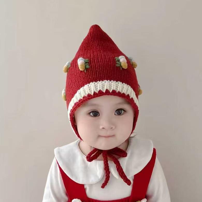 Koreańska Ręcznie Robiona Czapka Beanie z Wiązaniem Wiśniowa: Ciepła dzianinowa czapka wełniana z ochroną uszu dla małych dziewczynek