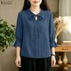 ZANZEA Womens Round Neck Casual 3/4 Sleeve Lace Patchwork Blouse