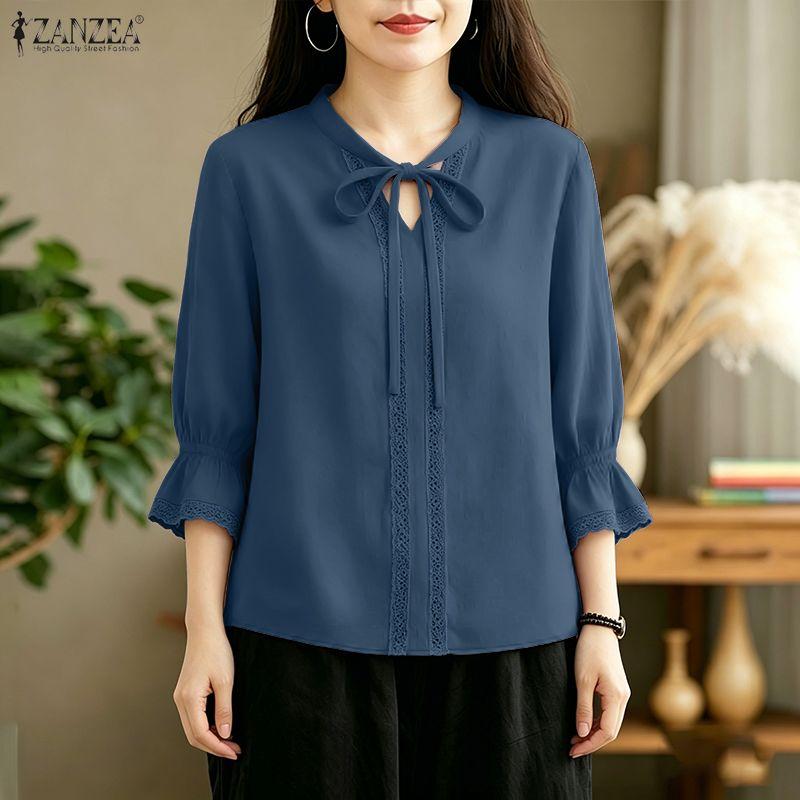 ZANZEA Womens Round Neck Casual 3/4 Sleeve Lace Patchwork Blouse